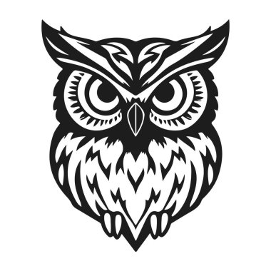 Keskin bakışlı baykuş logosu, temiz çizgiler, bilgelik ve gücün sembolü. Baykuş, baykuş amblemi, gece kuşu, kabile baykuşu.