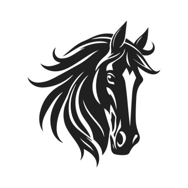 At logosu şablonu. Zarif yeleli bir at kafasının siyah beyaz silueti. Markalaşma, tasarım ve baskı için zarif minimalist logo