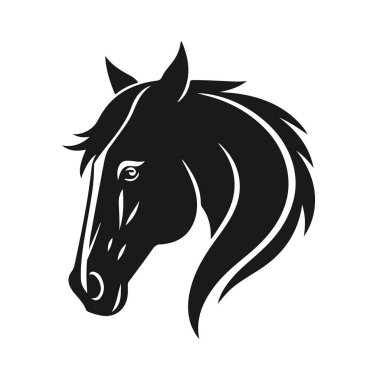 At logosu şablonu. Zarif yeleli bir at kafasının siyah beyaz silueti. Markalaşma, tasarım ve baskı için zarif minimalist logo