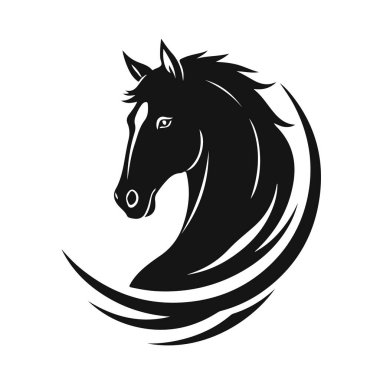 At logosu şablonu. Zarif yeleli bir at kafasının siyah beyaz silueti. Markalaşma, tasarım ve baskı için zarif minimalist logo