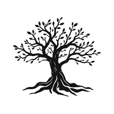 Eğimli gövdesi ve yaprakları olan biçimlendirilmiş ağaç silueti, eko tasarım için doğa amblemi, ya da logo konsepti, ağaç vektörü silueti, doğa sembolü, eko logo, orman amblemi.