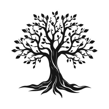Eğimli gövdesi ve yaprakları olan biçimlendirilmiş ağaç silueti, eko tasarım için doğa amblemi, ya da logo konsepti, ağaç vektörü silueti, doğa sembolü, eko logo, orman amblemi.