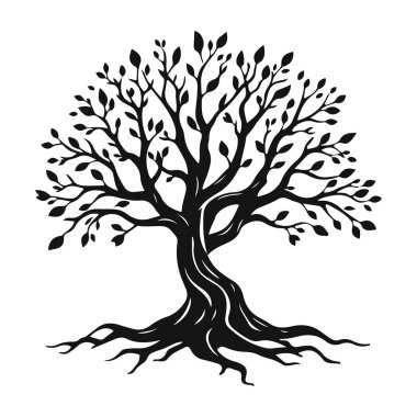 Eğimli gövdesi ve yaprakları olan biçimlendirilmiş ağaç silueti, eko tasarım için doğa amblemi, ya da logo konsepti, ağaç vektörü silueti, doğa sembolü, eko logo, orman amblemi.