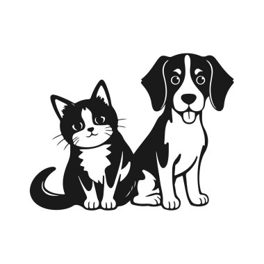 Çizgi film kedisi ve köpeği, sevimli hayvan arkadaşları, komik hayvan karakterleri, tapılası vektör sanatı, oyuncu hayvan çizimi