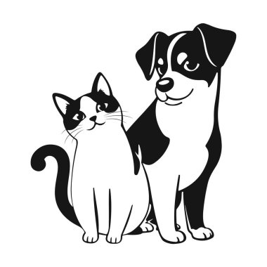 Çizgi film kedisi ve köpeği, sevimli hayvan arkadaşları, komik hayvan karakterleri, tapılası vektör sanatı, oyuncu hayvan çizimi