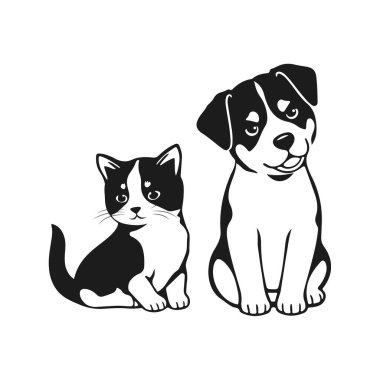 Çizgi film kedisi ve köpeği, sevimli hayvan arkadaşları, komik hayvan karakterleri, tapılası vektör sanatı, oyuncu hayvan çizimi