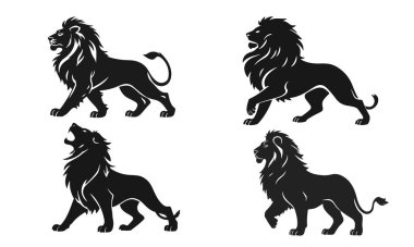 Aslan silueti koleksiyonu, vahşi kedi şekilleri, kükreyen aslan sanatı, orman yırtıcısı grafiği, kabile aslanı amblemi seti.