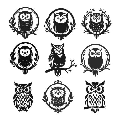 Keskin gözlü baykuş logoları koleksiyonu, temiz çizgiler, bilgelik ve gücün sembolü. Vektör baykuş, baykuş amblemi, gece kuşu, kabile baykuşu.