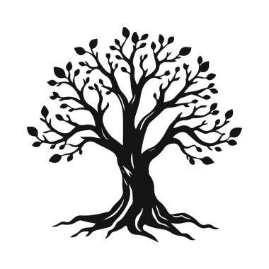 Eğimli gövdesi ve yaprakları olan biçimlendirilmiş ağaç silueti, eko tasarım için doğa amblemi, ya da logo konsepti, ağaç vektörü silueti, doğa sembolü, eko logo, orman amblemi.