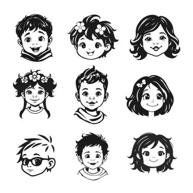 Tatlı çocuk yüzleri, çizgi film çocukları, duygusal bebek ifadeleri, siyah beyaz karakterler.