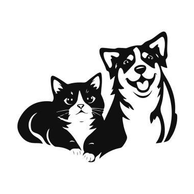 Çizgi film kedisi ve köpeği, sevimli hayvan arkadaşları, komik hayvan karakterleri, tapılası vektör sanatı, oyuncu hayvan çizimi