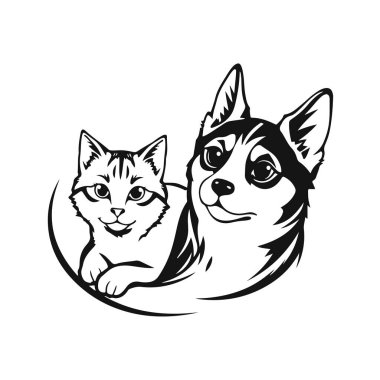 Çizgi film kedisi ve köpeği, sevimli hayvan arkadaşları, komik hayvan karakterleri, tapılası vektör sanatı, oyuncu hayvan çizimi