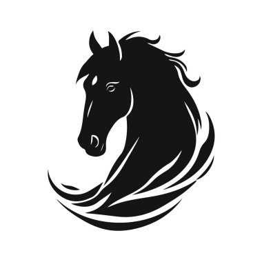 At logosu şablonu. Zarif yeleli bir at kafasının siyah beyaz silueti. Markalaşma, tasarım ve baskı için zarif minimalist logo