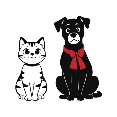 Çizgi film kedisi ve köpeği, sevimli hayvan arkadaşları, komik hayvan karakterleri, tapılası vektör sanatı, oyuncu hayvan çizimi