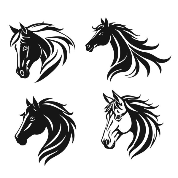 Elegant horse head set, flowing mane design, wild stallion profile, animal face icons, racing horse emblem