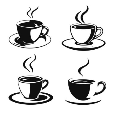 Sıcak kahve fincanı seti, dumanı tüten kahve ikonları, siyah kahve silueti, espresso bardağı vektörü, kafe içeceği sembolleri.
