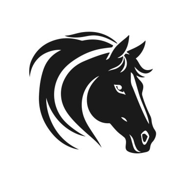 At logosu şablonu. Zarif yeleli bir at kafasının siyah beyaz silueti. Markalaşma, tasarım ve baskı için zarif minimalist logo