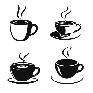Sıcak kahve fincanı seti, dumanı tüten kahve ikonları, siyah kahve silueti, espresso bardağı vektörü, kafe içeceği sembolleri.