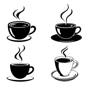 Sıcak kahve fincanı seti, dumanı tüten kahve ikonları, siyah kahve silueti, espresso bardağı vektörü, kafe içeceği sembolleri.