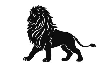 Aslan silueti vektörü, vahşi hayvan sanatı, görkemli aslan çizimi, güçlü yırtıcı logosu, siyah aslan tasarımı.