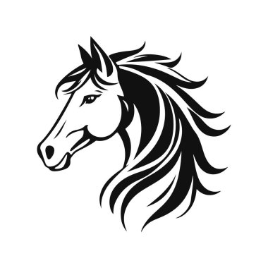 At logosu şablonu. Zarif yeleli bir at kafasının siyah beyaz silueti. Markalaşma, tasarım ve baskı için zarif minimalist logo
