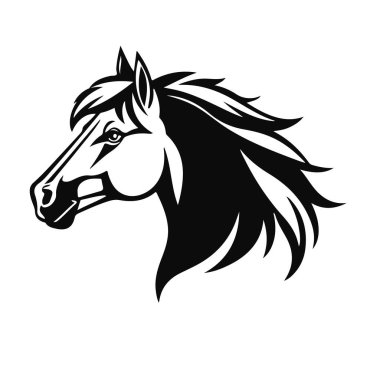 At logosu şablonu. Zarif yeleli bir at kafasının siyah beyaz silueti. Markalaşma, tasarım ve baskı için zarif minimalist logo