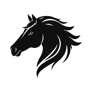 At logosu şablonu. Zarif yeleli bir at kafasının siyah beyaz silueti. Markalaşma, tasarım ve baskı için zarif minimalist logo