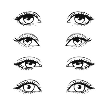 Kadın göz simgeleri seti, güzellik kirpikleri illüstrasyon, göz kalemi makyaj tasarımı, göz çizimi koleksiyonu, moda taslak tarzı.