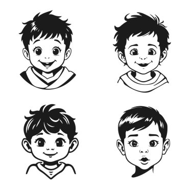 Tatlı çocuk yüzleri, çizgi film çocukları, duygusal bebek ifadeleri, siyah beyaz karakterler.