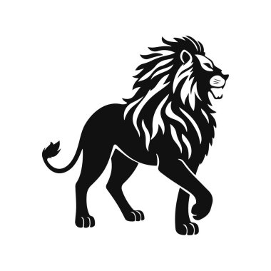 Aslan silueti vektörü, vahşi hayvan sanatı, görkemli aslan çizimi, güçlü yırtıcı logosu, siyah aslan tasarımı.