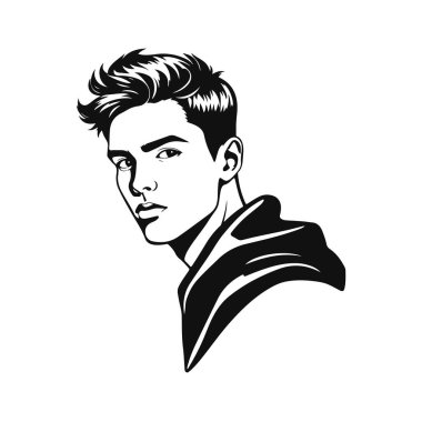 Şık erkek portresi, vektör avatarı, erkek yüzü çizimi, modern saç stili çizimi, kapüşonlu adam tasarımı.