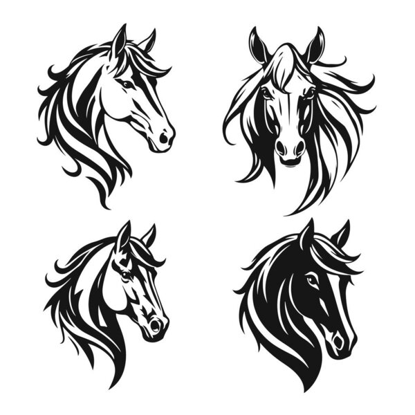 Elegant horse head set, flowing mane design, wild stallion profile, animal face icons, racing horse emblem
