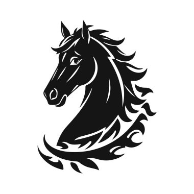 At logosu şablonu. Zarif yeleli bir at kafasının siyah beyaz silueti. Markalaşma, tasarım ve baskı için zarif minimalist logo