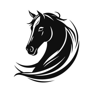 At logosu şablonu. Zarif yeleli bir at kafasının siyah beyaz silueti. Markalaşma, tasarım ve baskı için zarif minimalist logo