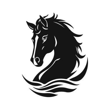 At logosu şablonu. Zarif yeleli bir at kafasının siyah beyaz silueti. Markalaşma, tasarım ve baskı için zarif minimalist logo