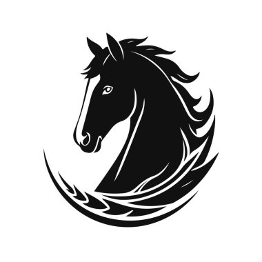 At logosu şablonu. Zarif yeleli bir at kafasının siyah beyaz silueti. Markalaşma, tasarım ve baskı için zarif minimalist logo