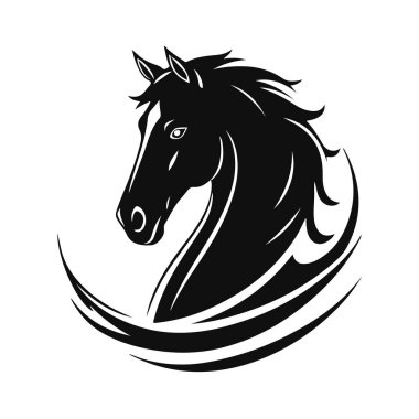 At logosu şablonu. Zarif yeleli bir at kafasının siyah beyaz silueti. Markalaşma, tasarım ve baskı için zarif minimalist logo