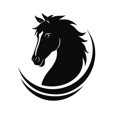At logosu şablonu. Zarif yeleli bir at kafasının siyah beyaz silueti. Markalaşma, tasarım ve baskı için zarif minimalist logo