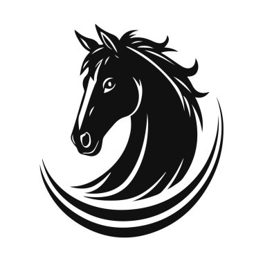 At logosu şablonu. Zarif yeleli bir at kafasının siyah beyaz silueti. Markalaşma, tasarım ve baskı için zarif minimalist logo