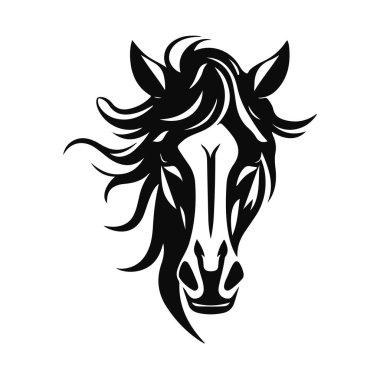At logosu şablonu. Zarif yeleli bir at kafasının siyah beyaz silueti. Markalaşma, tasarım ve baskı için zarif minimalist logo
