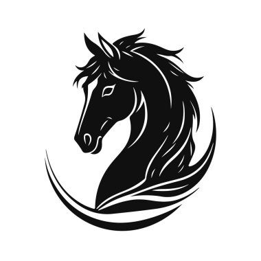 At logosu şablonu. Zarif yeleli bir at kafasının siyah beyaz silueti. Markalaşma, tasarım ve baskı için zarif minimalist logo