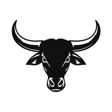 Boğa başlı logo, güçlü hayvan amblemi, kızgın boğa yüzü, boynuzlu canavar ikonu, vektör çizimi.