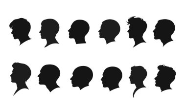 Erkek baş silueti, farklı saç stilleri olan erkeklerin profil simgeleri, vektör siyah illüstrasyon, erkek profili, baş silueti, insan kafası, insan kafası