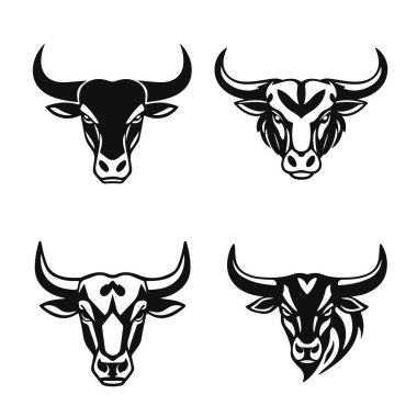 Boğa başlı logo koleksiyonu, güçlü hayvan amblemi, kızgın boğa yüzü, boynuzlu canavar ikonu, vektör illüstrasyonu