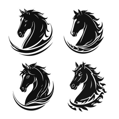 At kafası silueti koleksiyonu, at kafası logosu, hayvan amblemi, at sembolü, vektör illüstrasyonu.