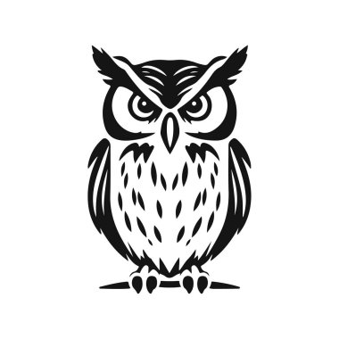 Baykuş logosu. Ayrıntılı şablon, katı bakış, bilgeliğin sembolü, zeka, koruma, markalaşma ve tasarım için uygun. Baykuş logosu, kabile baykuşu, taşıyıcı baykuş, baykuş amblemi