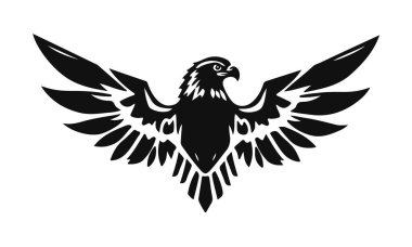 Kartal logo şablonu. Kanatları açık siyah beyaz bir kartal silueti. Simetrik ve şık logo, damgalama ve amblemler için mükemmel.