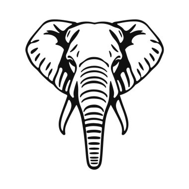 Fil kafası silueti, vahşi hayvan, fil yüz hatları, Afrika fili, siyah beyaz grafik tasarımı