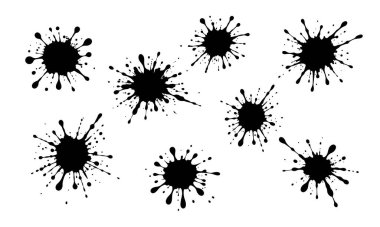Bir çift leke, mürekkep sıçraması. Soyut leke, sıvı boya, leke lekesi, damlama, sprey. Siyah boya damlaları, yağ, mürekkep. Vektör sıvı siluetleri