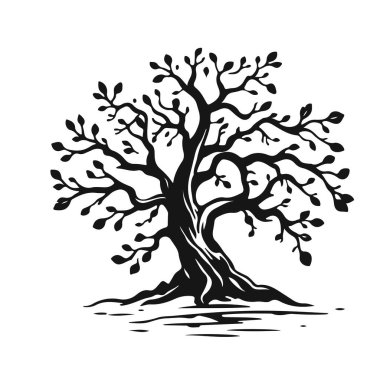 Eğimli gövdesi ve yaprakları olan biçimlendirilmiş ağaç silueti, eko tasarım için doğa amblemi, ya da logo konsepti, ağaç vektörü silueti, doğa sembolü, eko logo, orman amblemi.